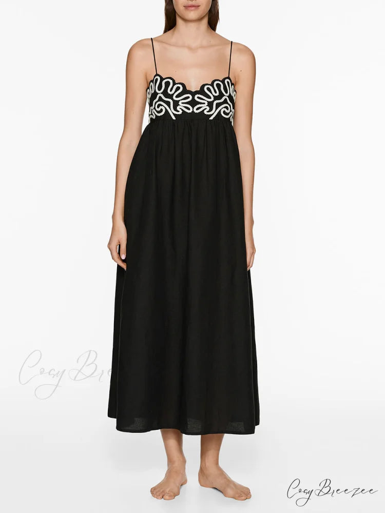 Classic Linen Floral Charming Patchwork Suspender Midi Dress