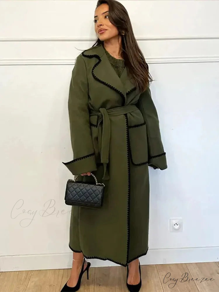 Classic Patchwork Belted Wool Coat Green / S overcoats-241228