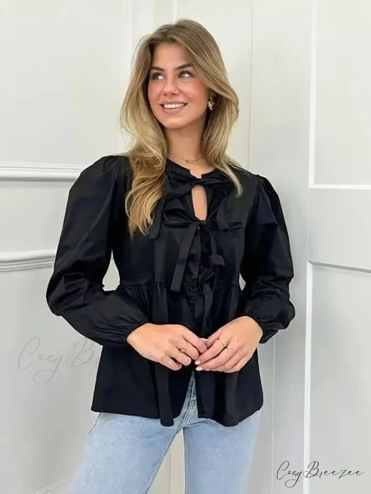 Classic Puff Sleeve Bow Button Blouse Black / S blouse-250223