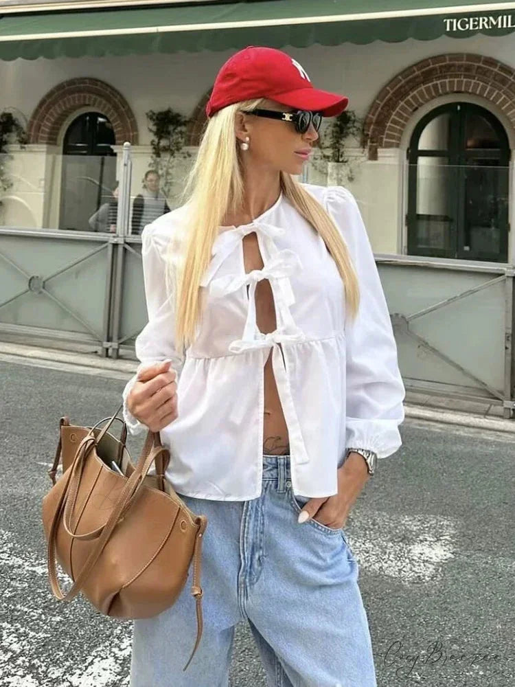 Classic Puff Sleeve Bow Button Blouse WHITE / S blouse-250223