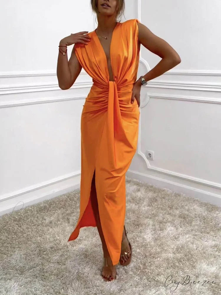 Classic V-Neck Ruched Charming Drape Slit Midi Dress Orange / S