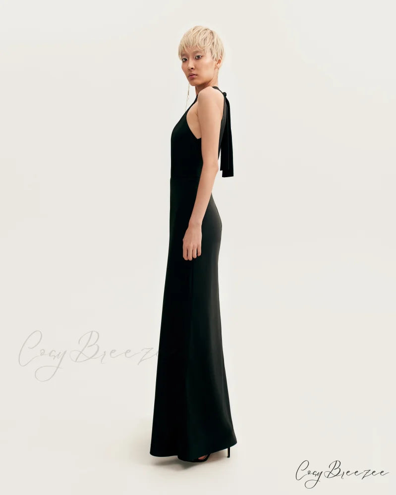 Classical Black Halterneck Satin Graceful Maxi Dress Xo Xo