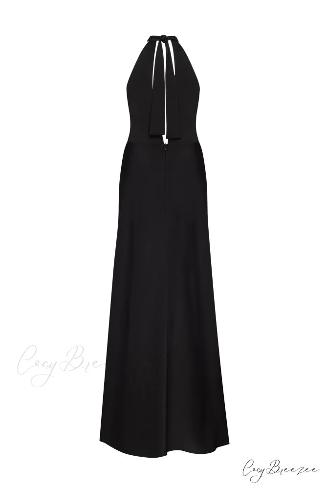 Classical Black Halterneck Satin Graceful Maxi Dress Xo Xo