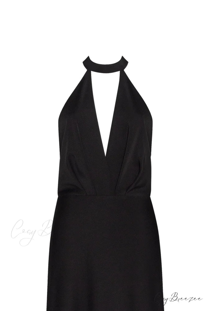 Classical Black Halterneck Satin Graceful Maxi Dress Xo Xo