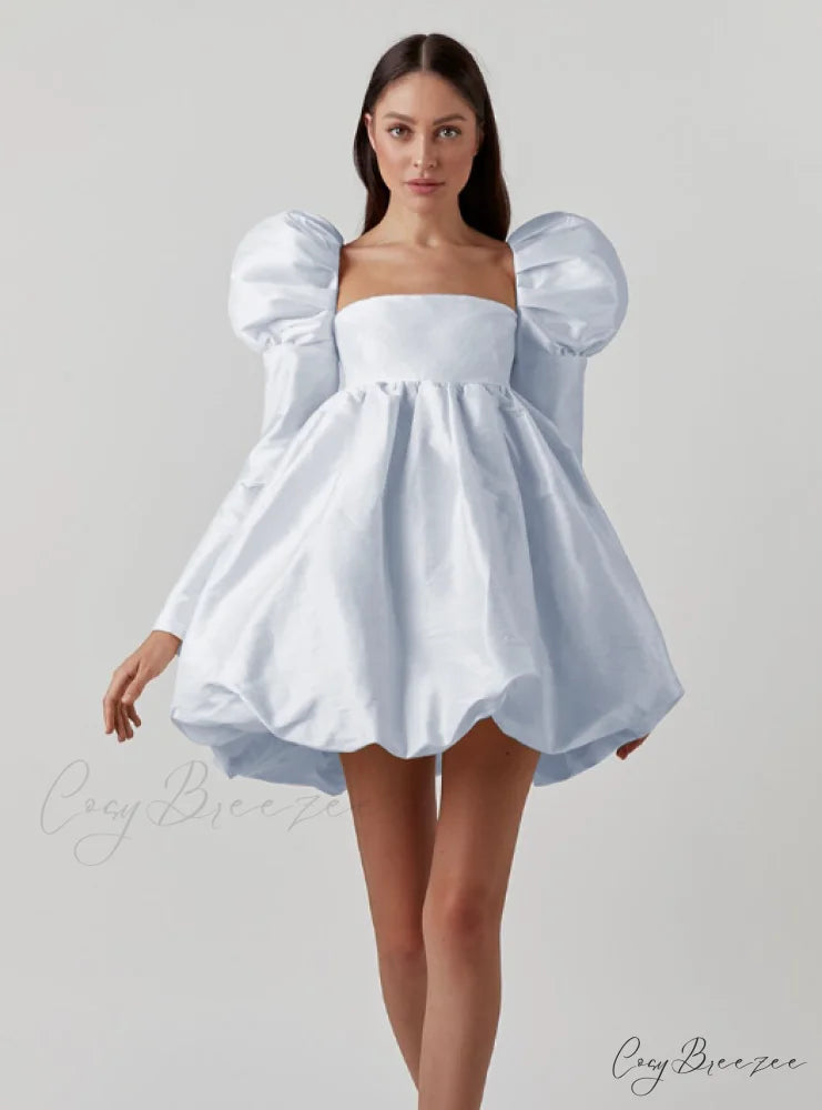 Classy Puff Sleeve Short Prom Dress - Ball Gown and Wedding M / blue