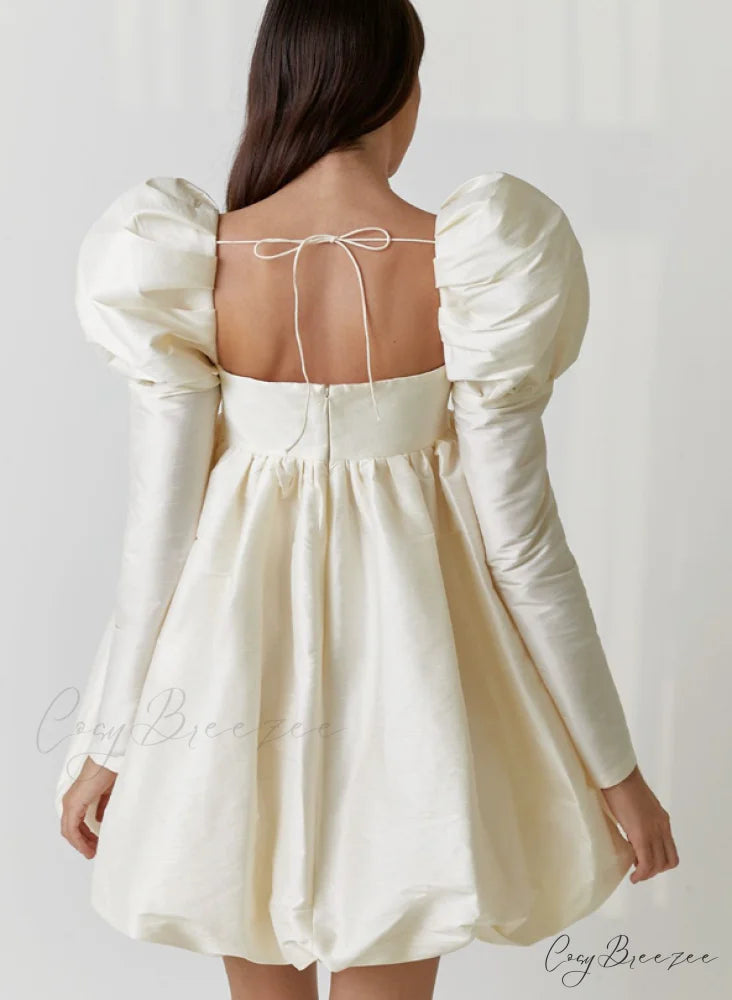 Classy Puff Sleeve Short Prom Dress - Ball Gown and Wedding M / khaki