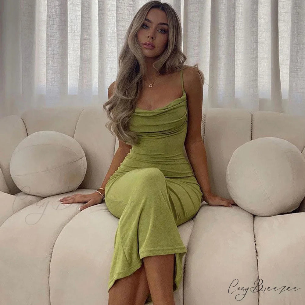 Classy Solid Color Fishtail Cowl Neck Sophisticated Low Back Slip Maxi Dress - Brown M / Green