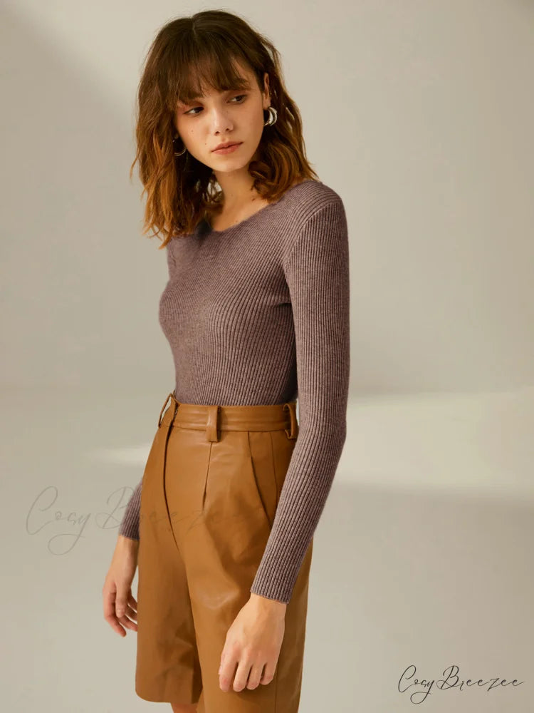 Clouds Ribbed Graceful Pullover Sweater Dark Brown / XS