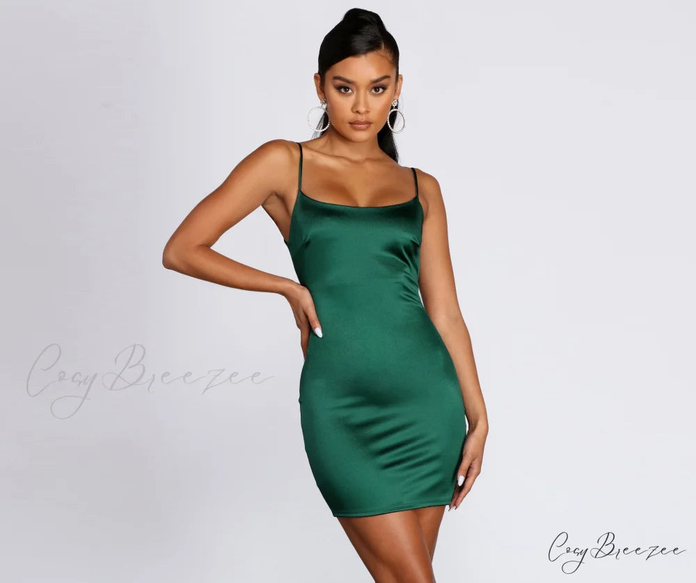 Club Cuts Stylish Satin Mini Dress HUNTER / XS