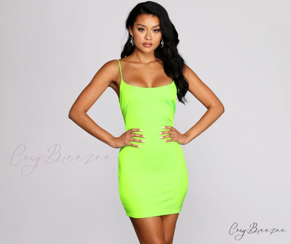 Club Cuts Stylish Satin Mini Dress NEON GREEN / XS