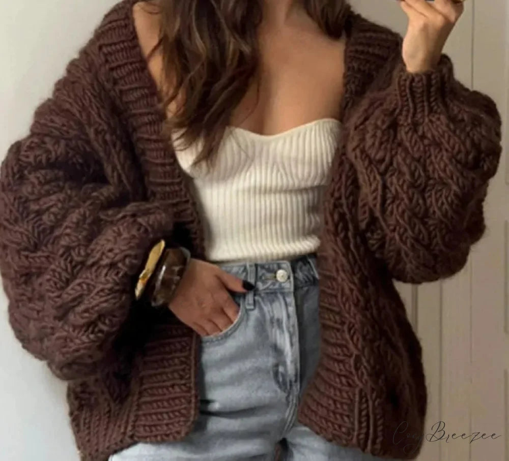Coarse Needle V-neck Plain Cardigan Brown / S cardigans-241228