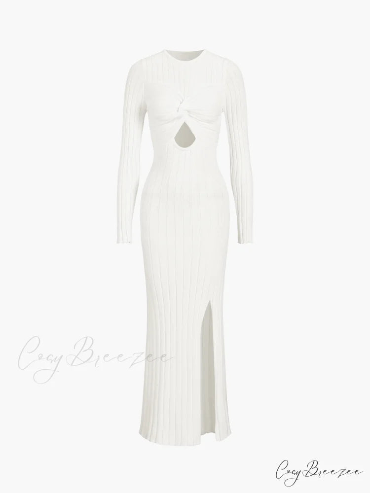 Coastal Allure Knotted Trendy Long Sweater Dress White / XS