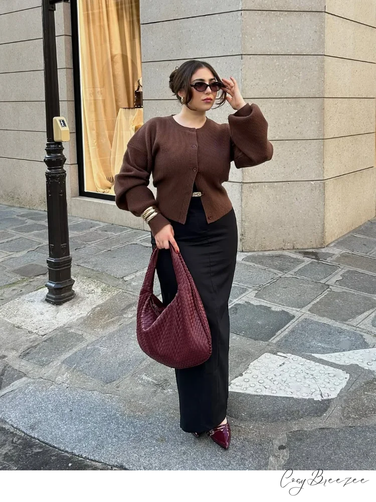 Coffee Color Round Neck Loose Cardigan cardigans-241228