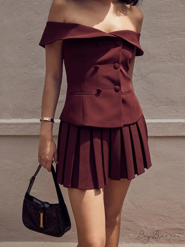 Cold Shoulder Blazer Top Modern With Pleated Skirt Set Burgundy / XS