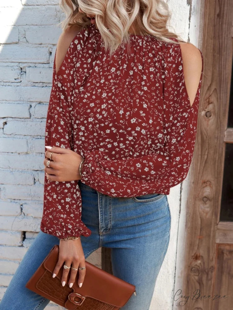 Cold-Shoulder Flowered Blouse