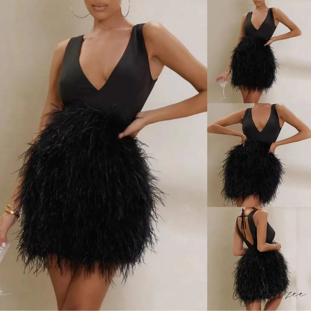 Cold Shoulder Glitter Sequined Lace-Up Deep V-Neck Long-Sleeve Belt Mini Elegant Club Party Vestidos Dress Black / S