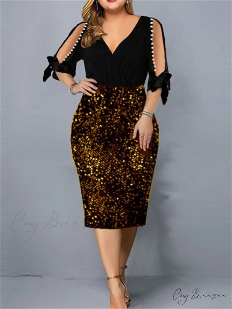 Cold Shoulder Graceful Striped Cropped Sweater Gold / S