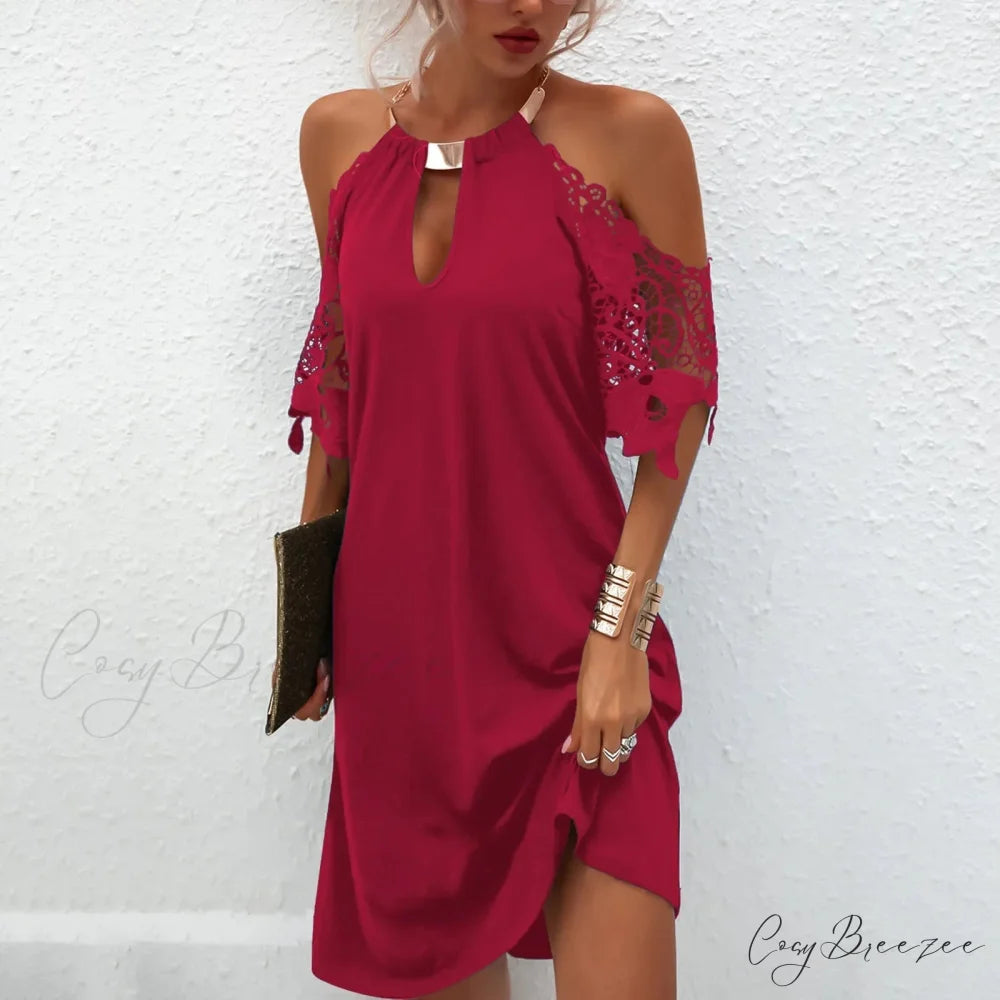 Cold Shoulder Sequin Shoulder Long Ruched Night Club Fashion Solid Women Long Sleeve Vestidos Dress Red / S