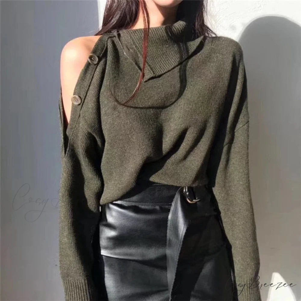 Cold Shoulder Stylish Buttoned Turtleneck Sweater Green / One Size