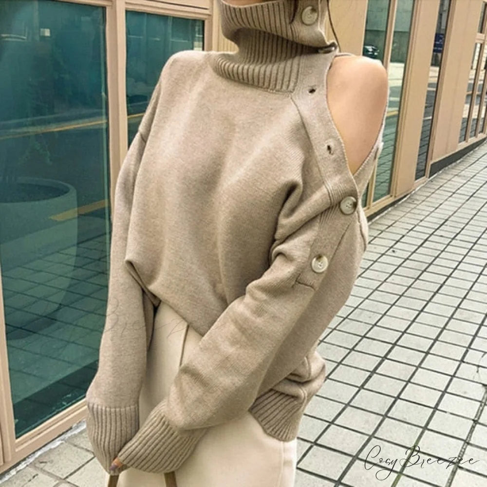 Cold Shoulder Stylish Buttoned Turtleneck Sweater Khaki / One Size