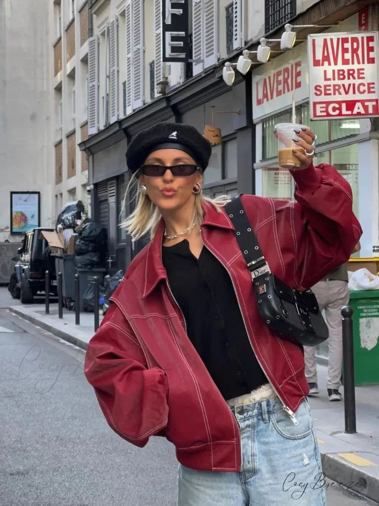 Collar Zipper Stylish Bomber Overshirt Jacket As picture / S