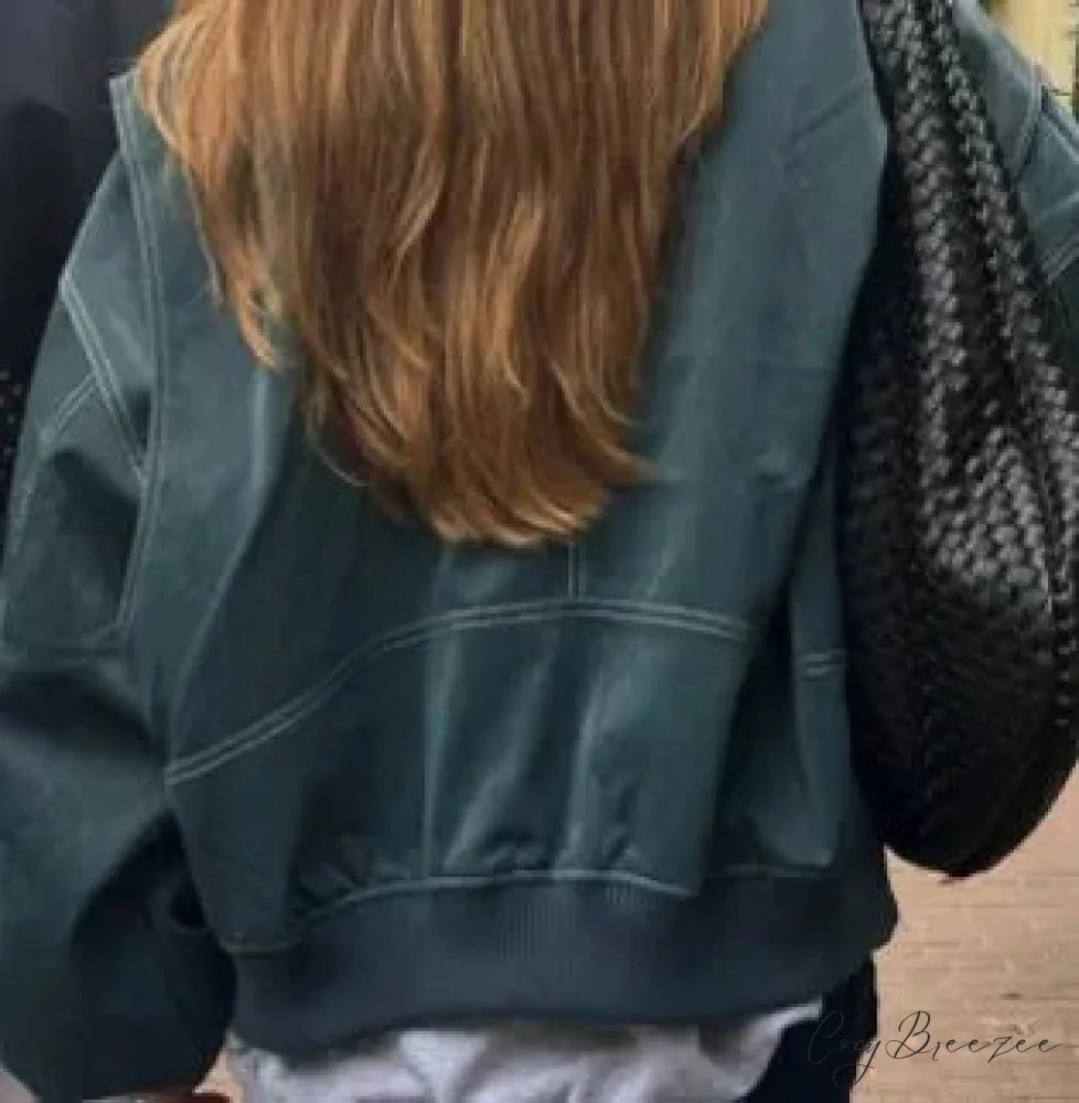 Collar Zipper Stylish Bomber Overshirt Jacket Green / S