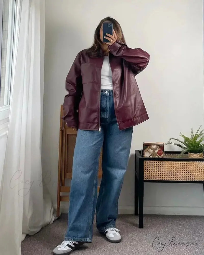 Collar Zipper Stylish Bomber Overshirt Jacket Red / S