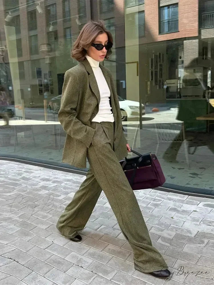 Collared Blazer Long Sleeve Pants Work Set officetwopieceset-250223
