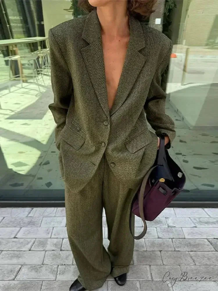 Collared Blazer Long Sleeve Pants Work Set officetwopieceset-250223