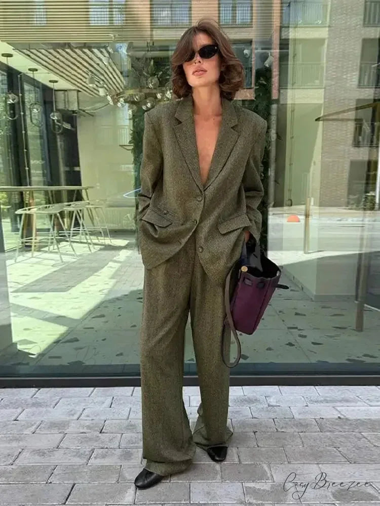 Collared Blazer Long Sleeve Pants Work Set officetwopieceset-250223