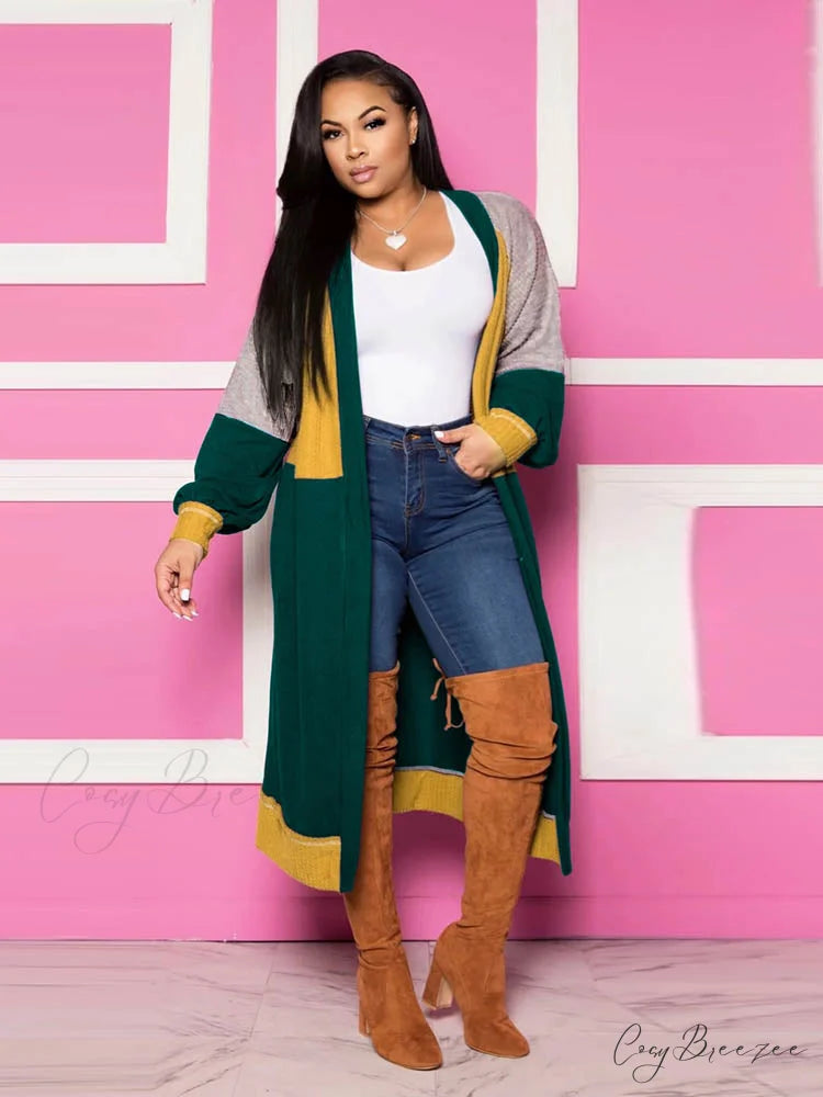 Color Block Graceful Loose Midi Dress Green / M