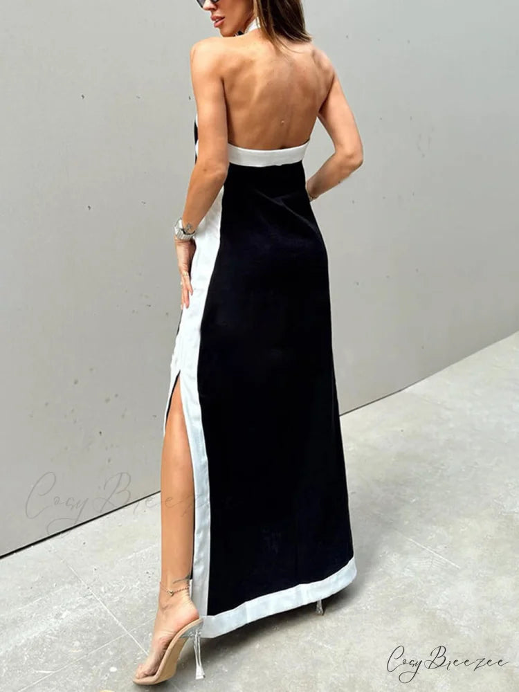 Color Block Halter Charming Neck Slit Maxi Dress