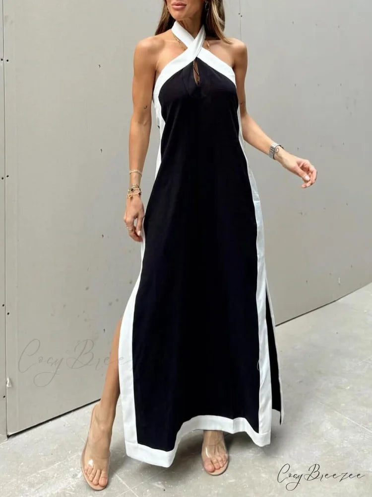Color Block Halter Charming Neck Slit Maxi Dress Black / S