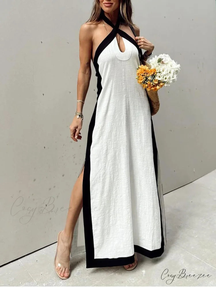Color Block Halter Charming Neck Slit Maxi Dress White / S