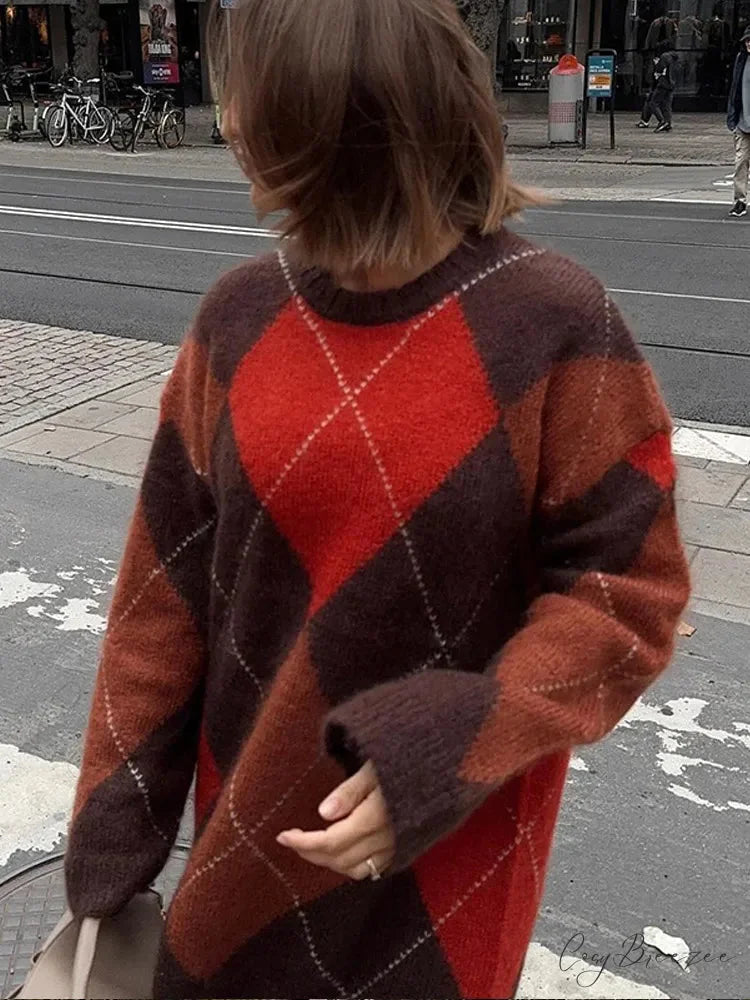 Color Block Round Neck Sweater orange / S swraters-241228