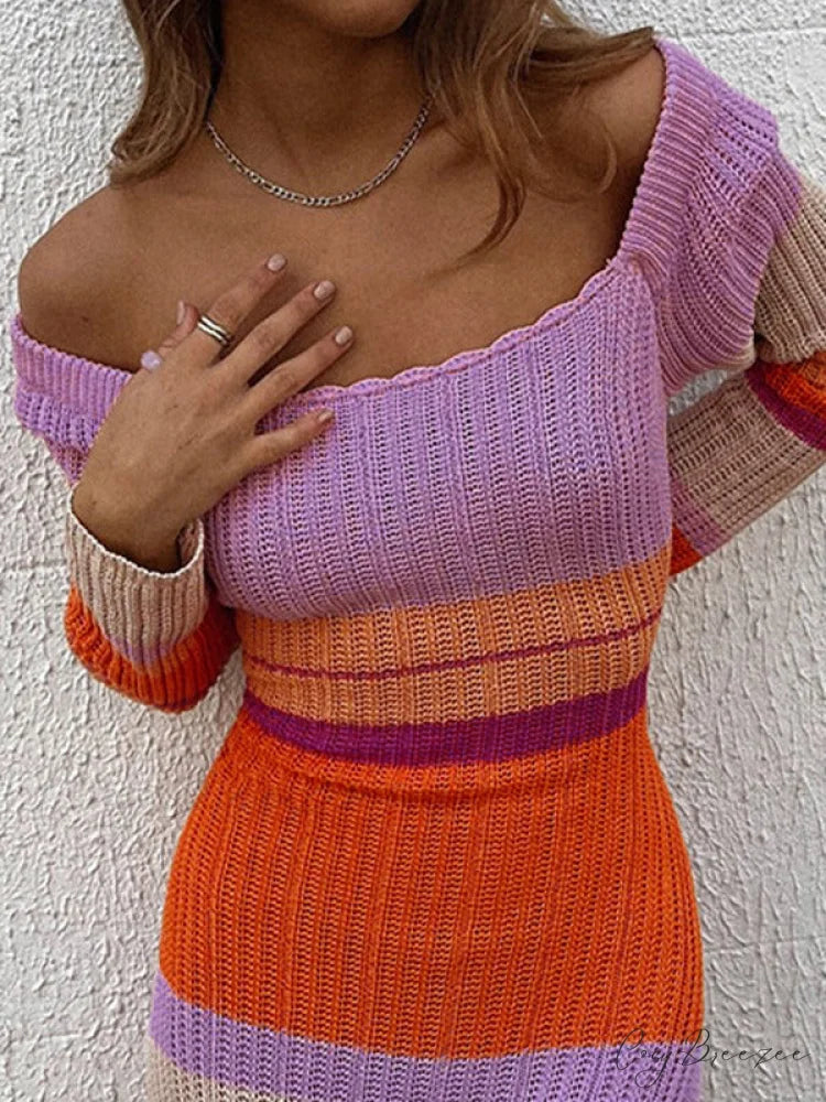 Color Block Stripe Knitted Modern Halter Crop Cami Top