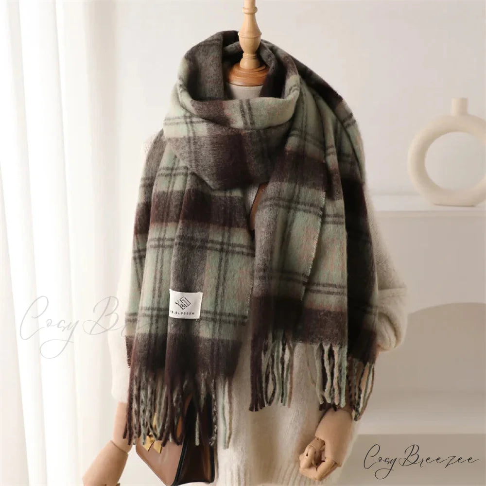 Color Blocked Grid Cashmere Pashmina Wrap Scarf GREY GREEN