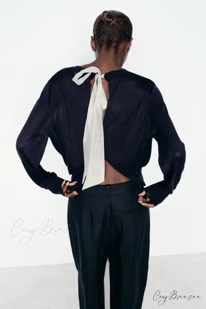 Color Contrasting Bow Bat Sleeve Cardigan Navy Blue / S cardigans-241228