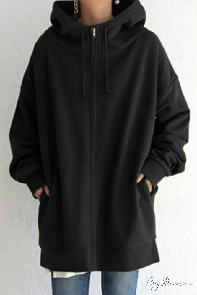 Color Hoodie Zipper Solid - Mid-length Black / S
