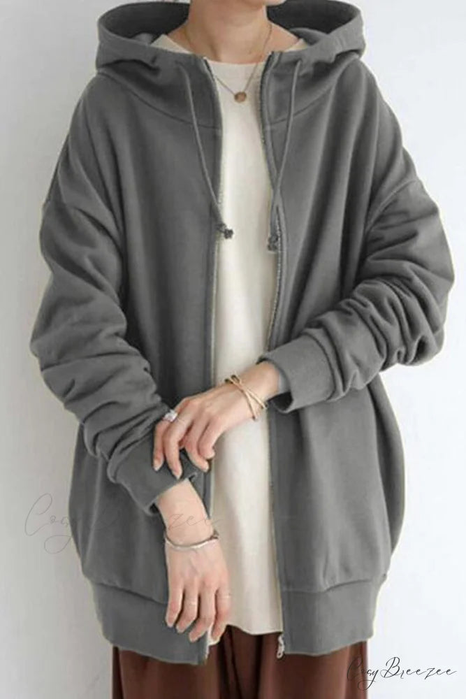 Color Hoodie Zipper Solid - Mid-length Grey / S