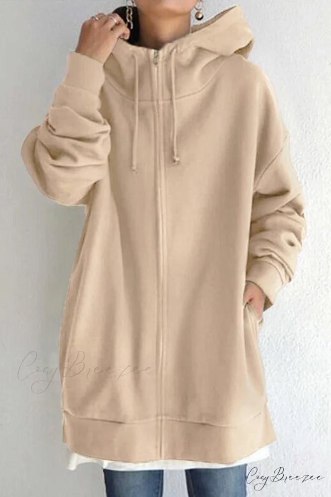 Color Hoodie Zipper Solid - Mid-length Khaki / S