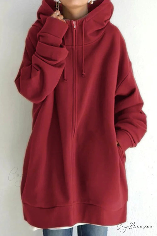 Color Hoodie Zipper Solid - Mid-length Red / S