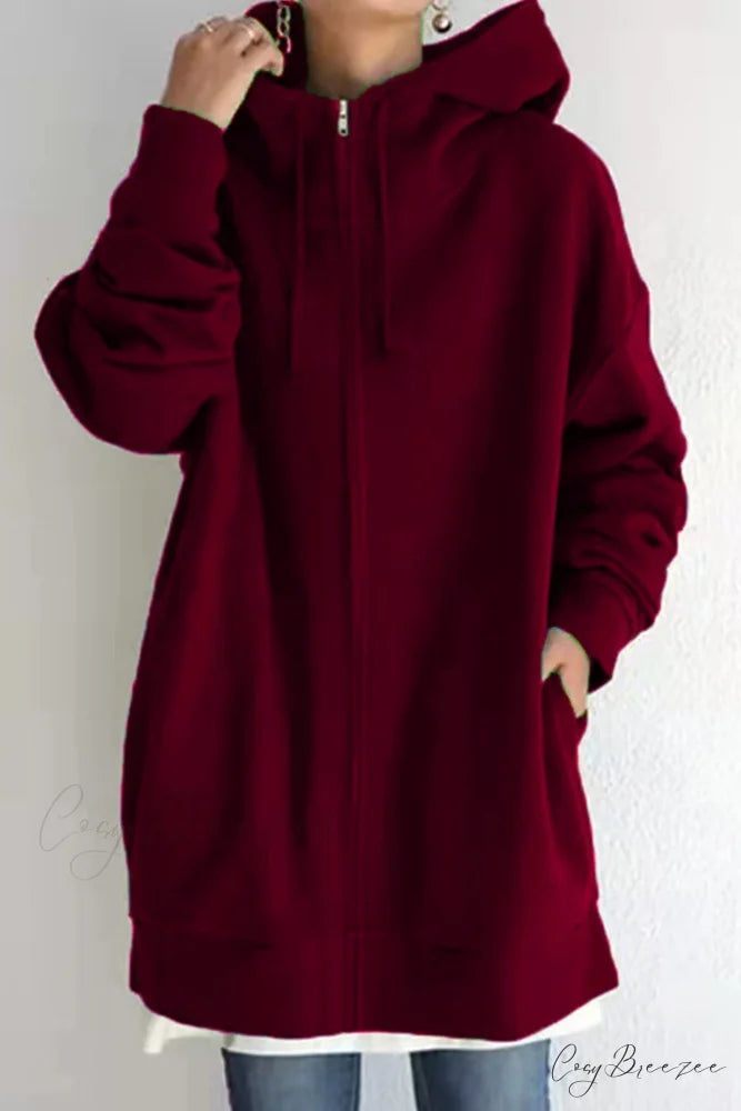 Color Hoodie Zipper Solid - Mid-length Wine Red / S