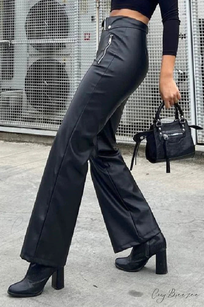 Color Leather Zipper with Solid Straight Pants Front Black / L