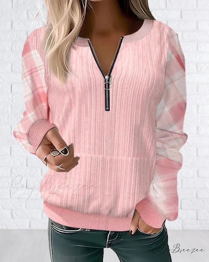 Color Plaid Block Zipper Sweatshirt