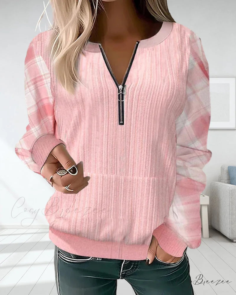 Color Plaid Block Zipper Sweatshirt
