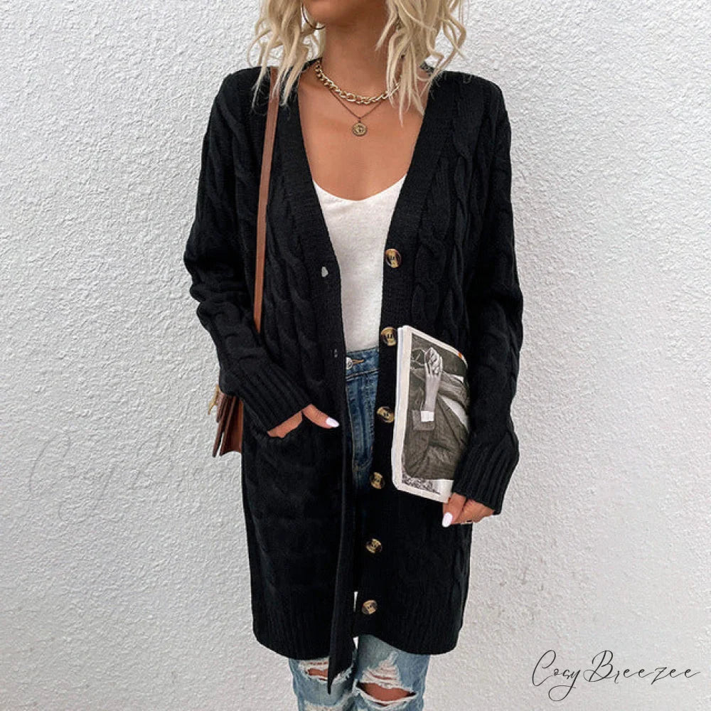 Color Solid Knitted Cardigan Black / S