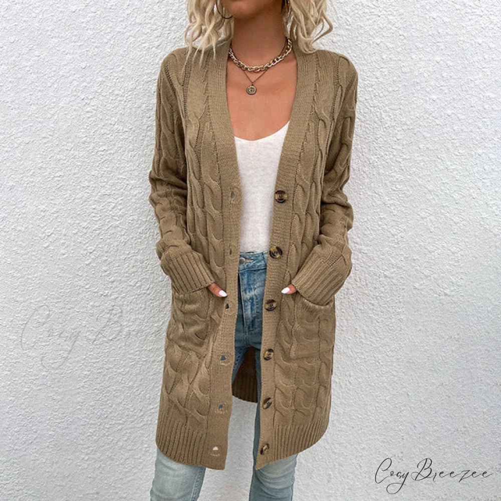 Color Solid Knitted Cardigan Khaki / S