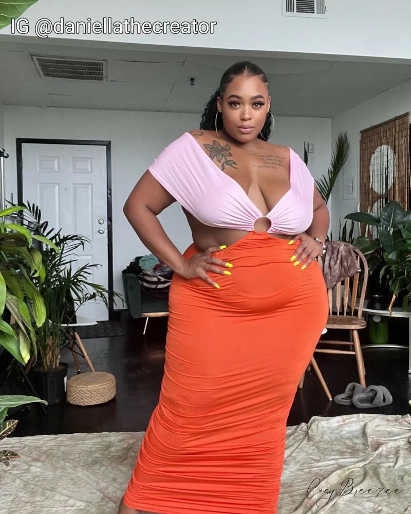 Colorblock Button Graceful Pleated Maxi Skirt