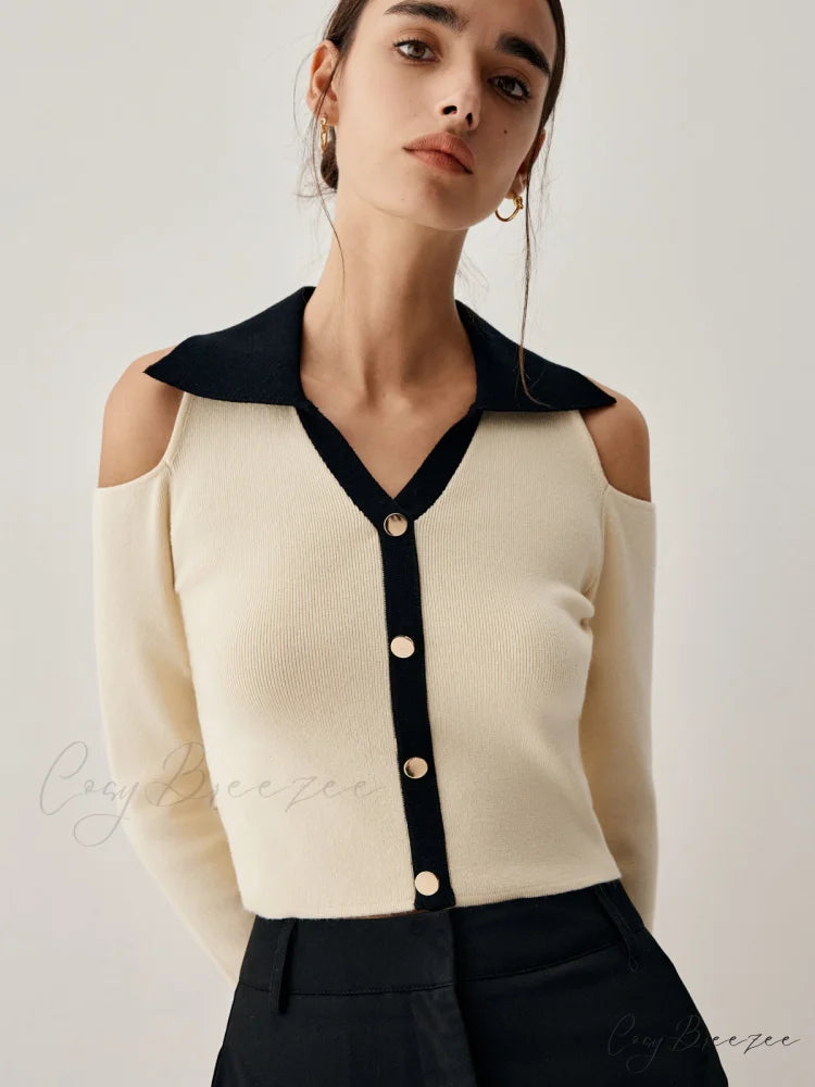 Colorblock Open Collar Cutout Modern Crop Long Sleeve Top